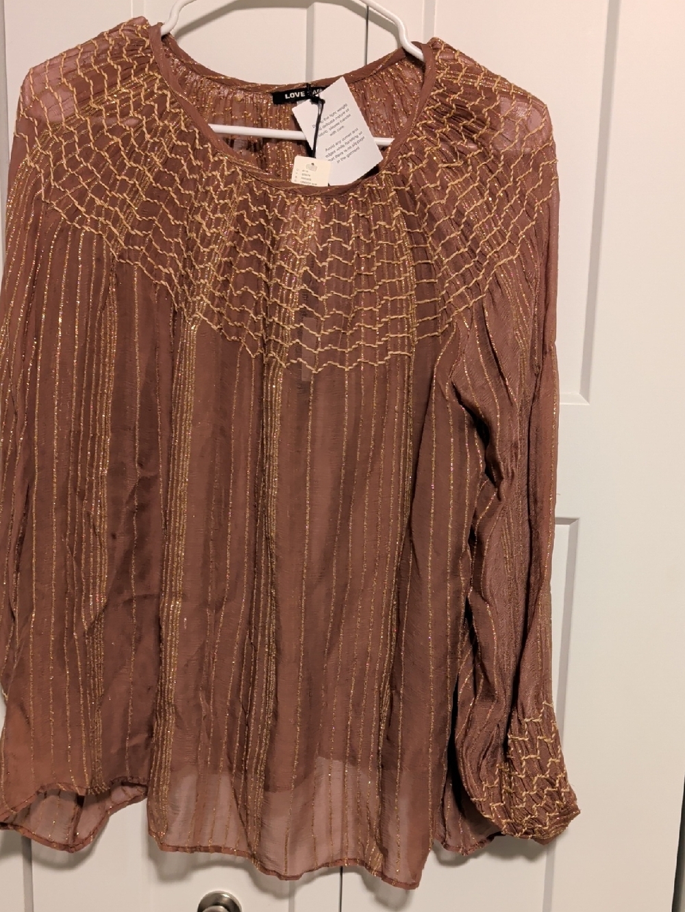 Love Tree Anthropologie Brown Metallic Thread Blouse
